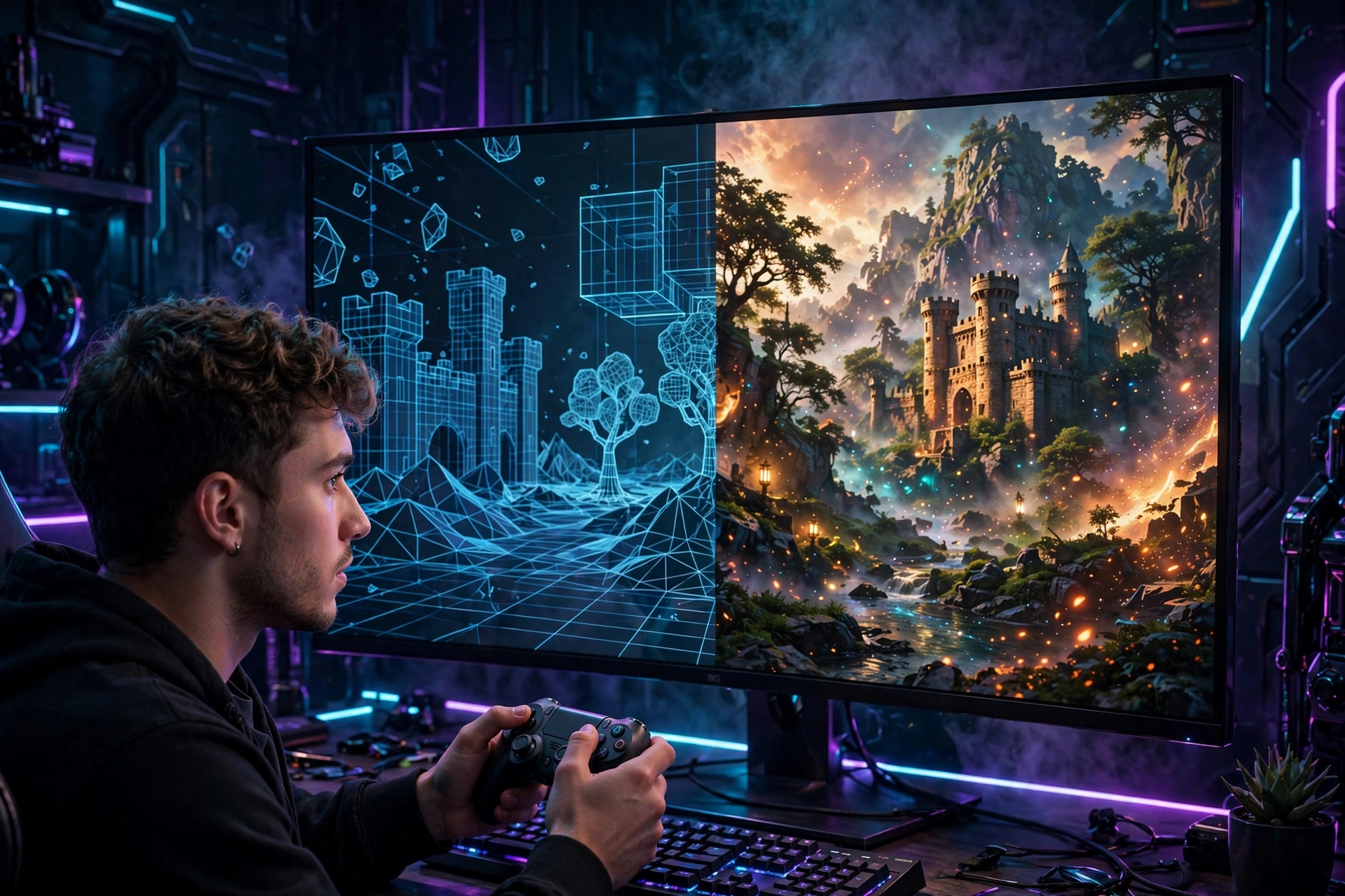昆仑万维 Matrix-Game 4.0 概念图：玩家手持手柄，屏幕上 AI 实时生成的游戏画面，左侧为游戏引擎线框结构、右侧为精细渲染画面