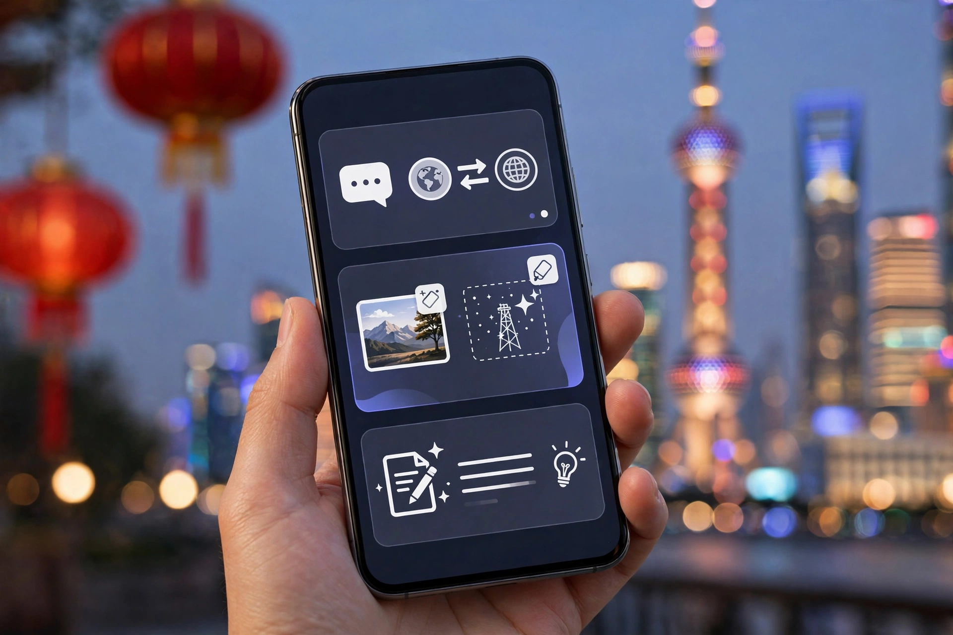 苹果国行 AI 概念图：智能手机展示实时翻译、照片消除与写作工具功能，背景有红灯笼与上海城市剪影等中国元素