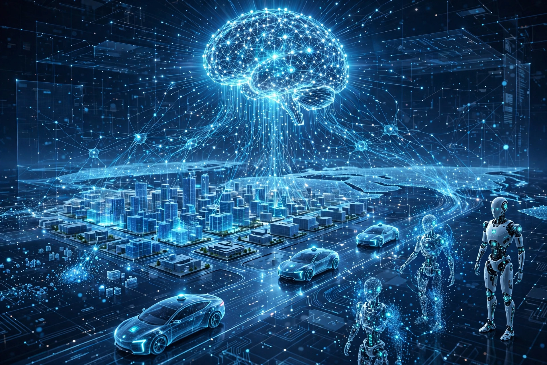 通用世界模型概念图：AI 正在构建立体三维物理世界，城市街区、自动驾驶汽车、人形机器人在半透明数字空间中成型，数据流如神经网络般连接万物