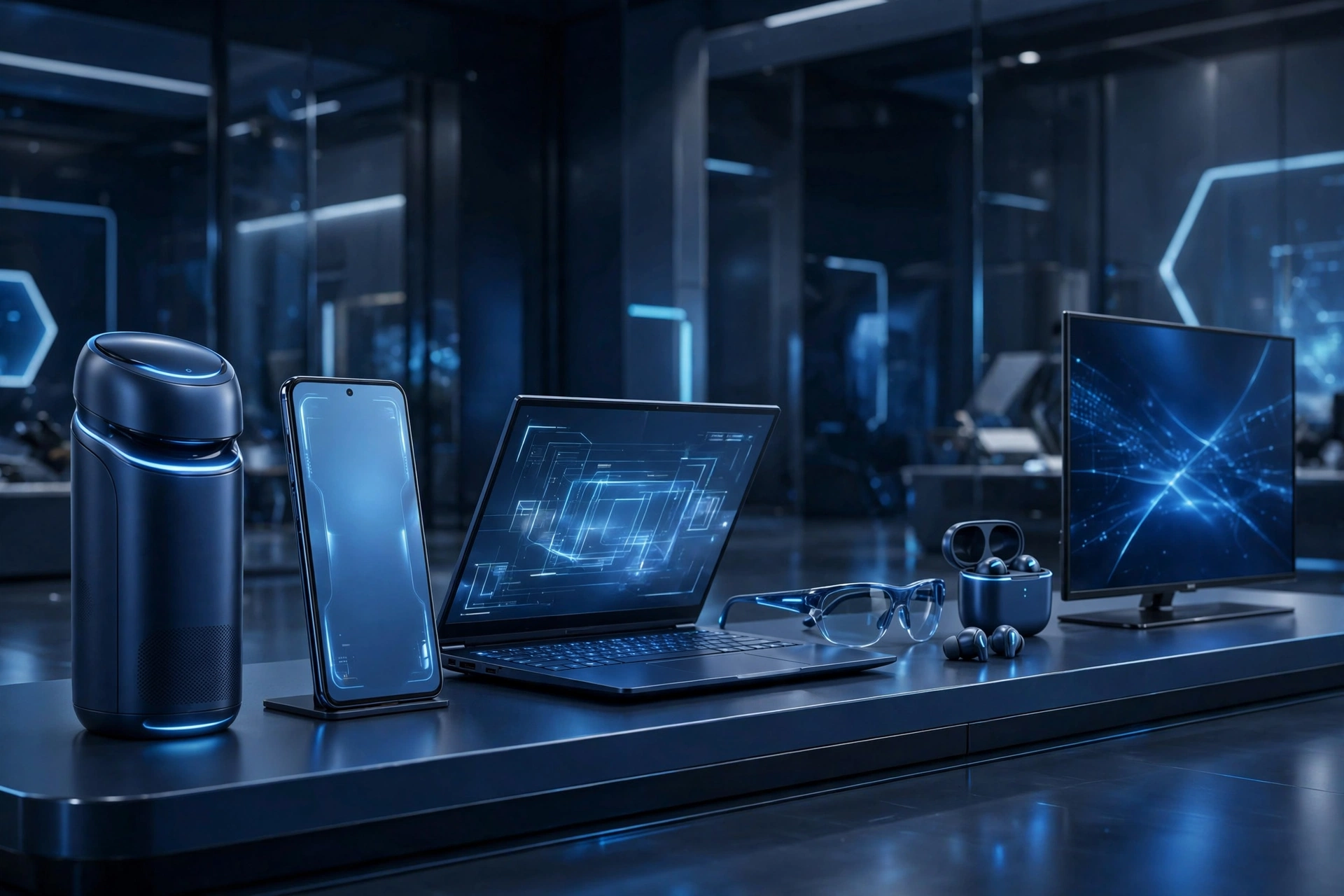 深蓝科技风智能终端产品陈列图，手机电脑智能眼镜耳机一字排开，泛着蓝色光泽