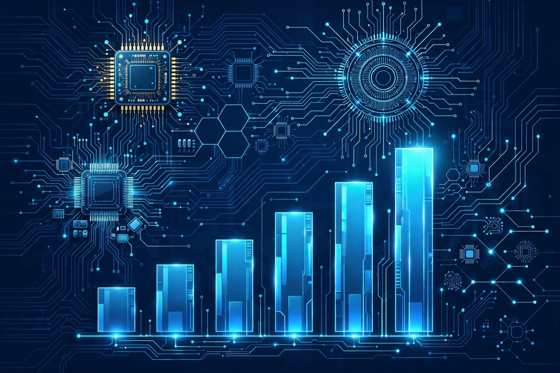 深蓝科技风数据可视化图,柱状图显示中国AI大模型调用量领先全球,背景有芯片与网络节点元素