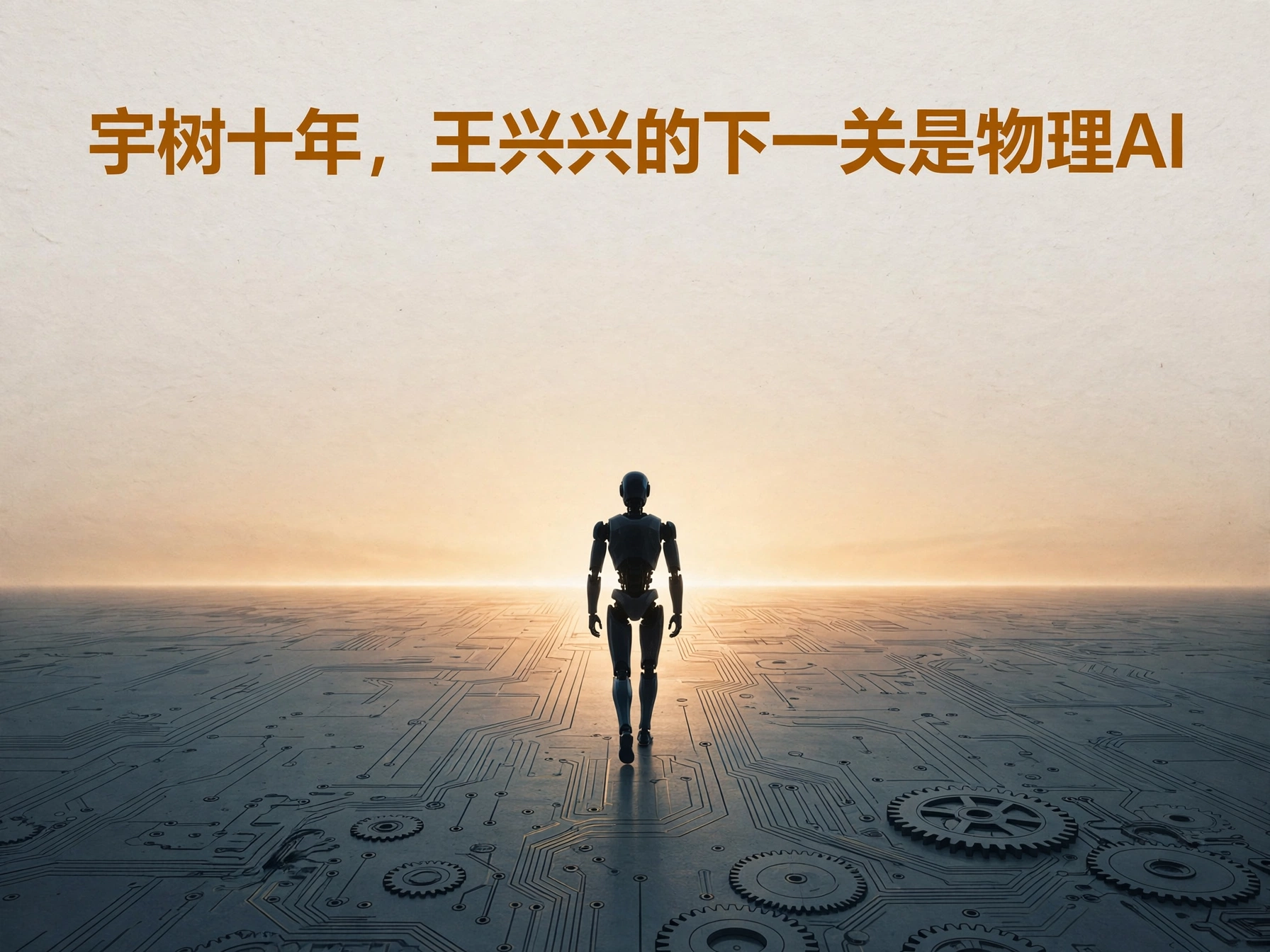 人形机器人走向地平线光芒、地面为电路板与齿轮纹理的概念海报
