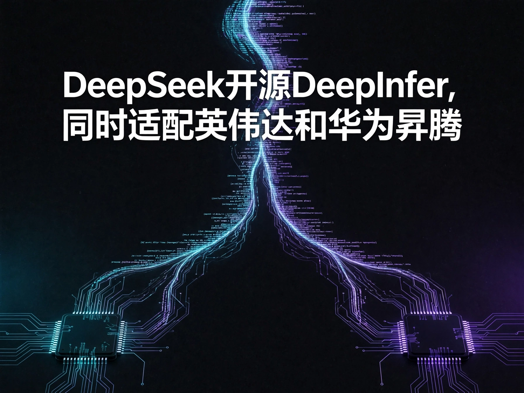 发光代码河流分岔流入两块芯片的概念海报