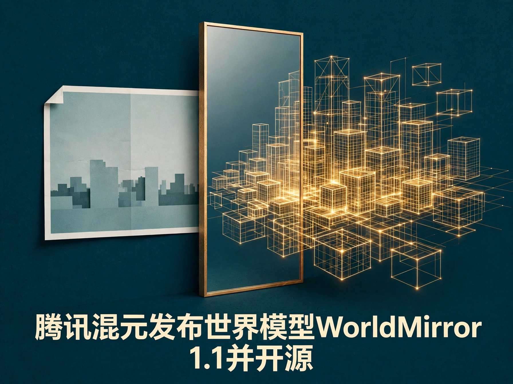 镜面将平面照片映照为金色线框三维城市的概念海报