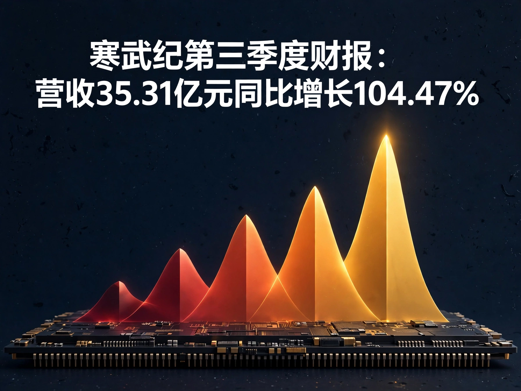 芯片上升起红色至金色柱状山峦的概念海报