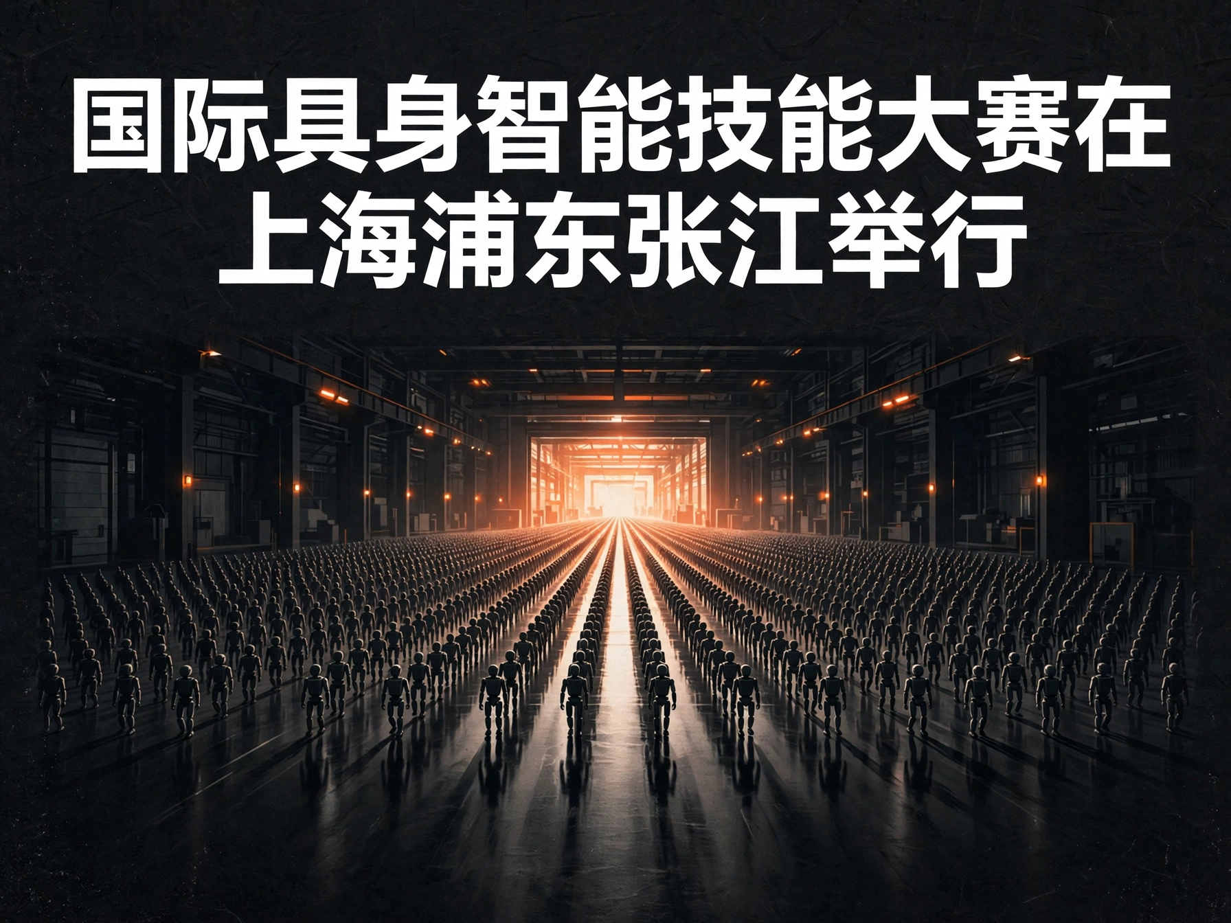 成排机器人剪影走向工厂大门光芒的概念海报