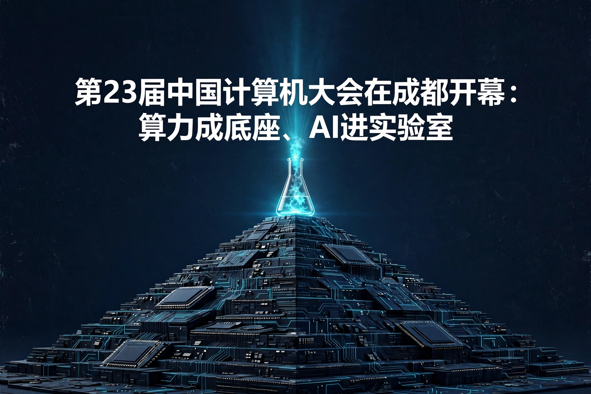 芯片金字塔底座托起发光实验室烧瓶的概念海报