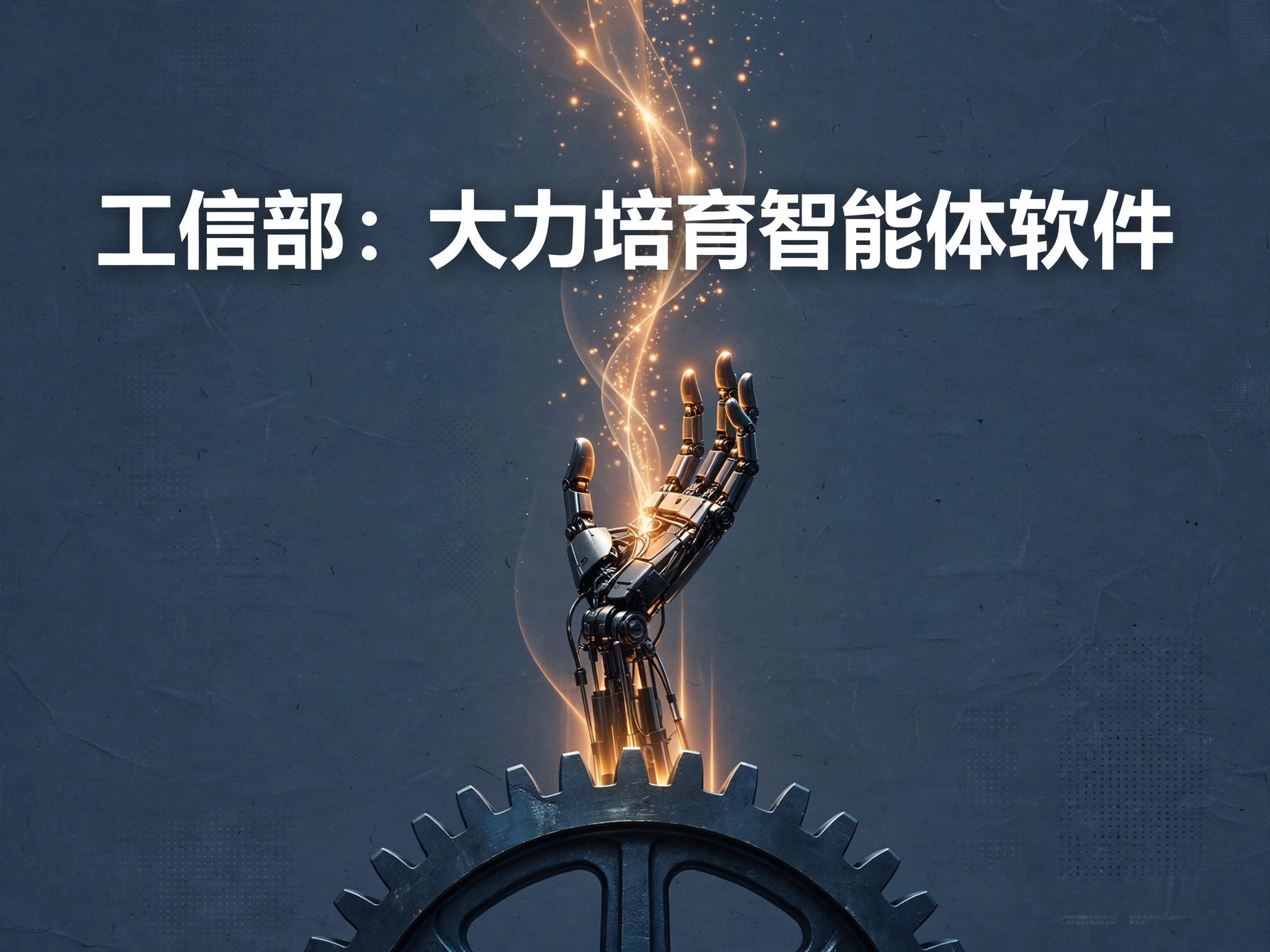 巨大齿轮托举发光机械手的概念海报。