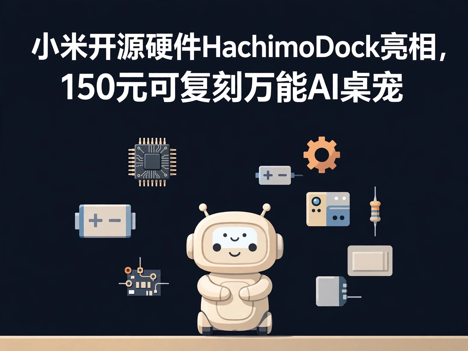 深色底白字标题,下方米色小机器人桌宠被芯片、齿轮等组件环绕,表现说句话生成新组件。