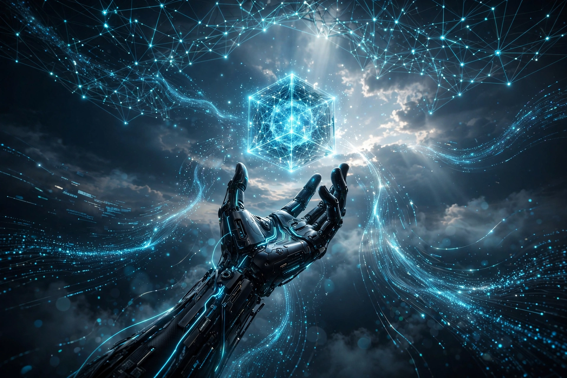 深蓝科技风AI神经网络配图，呼应阶跃星辰Step 5 Preview模型开源