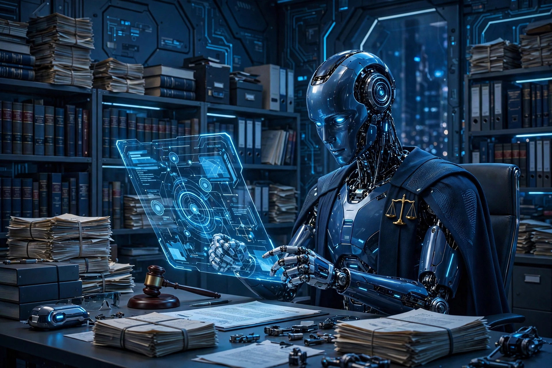 概念图：AI 机器人律师在堆满法典与案卷的办公室中审阅合同，深蓝科技风，无文字