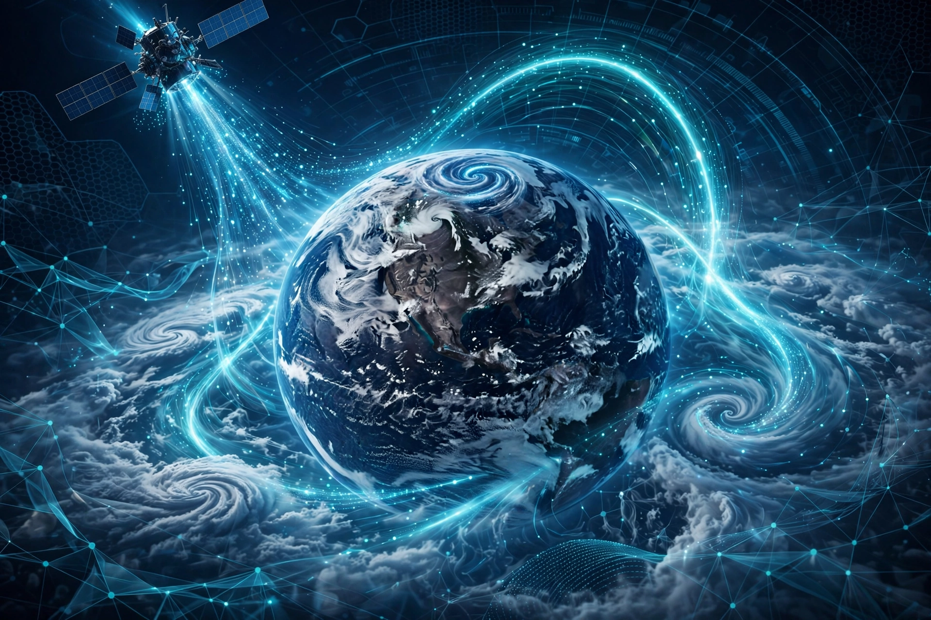 概念图：地球大气环流的数字化可视化，气象卫星云图与 AI 数据流交织，深蓝科技风，无文字