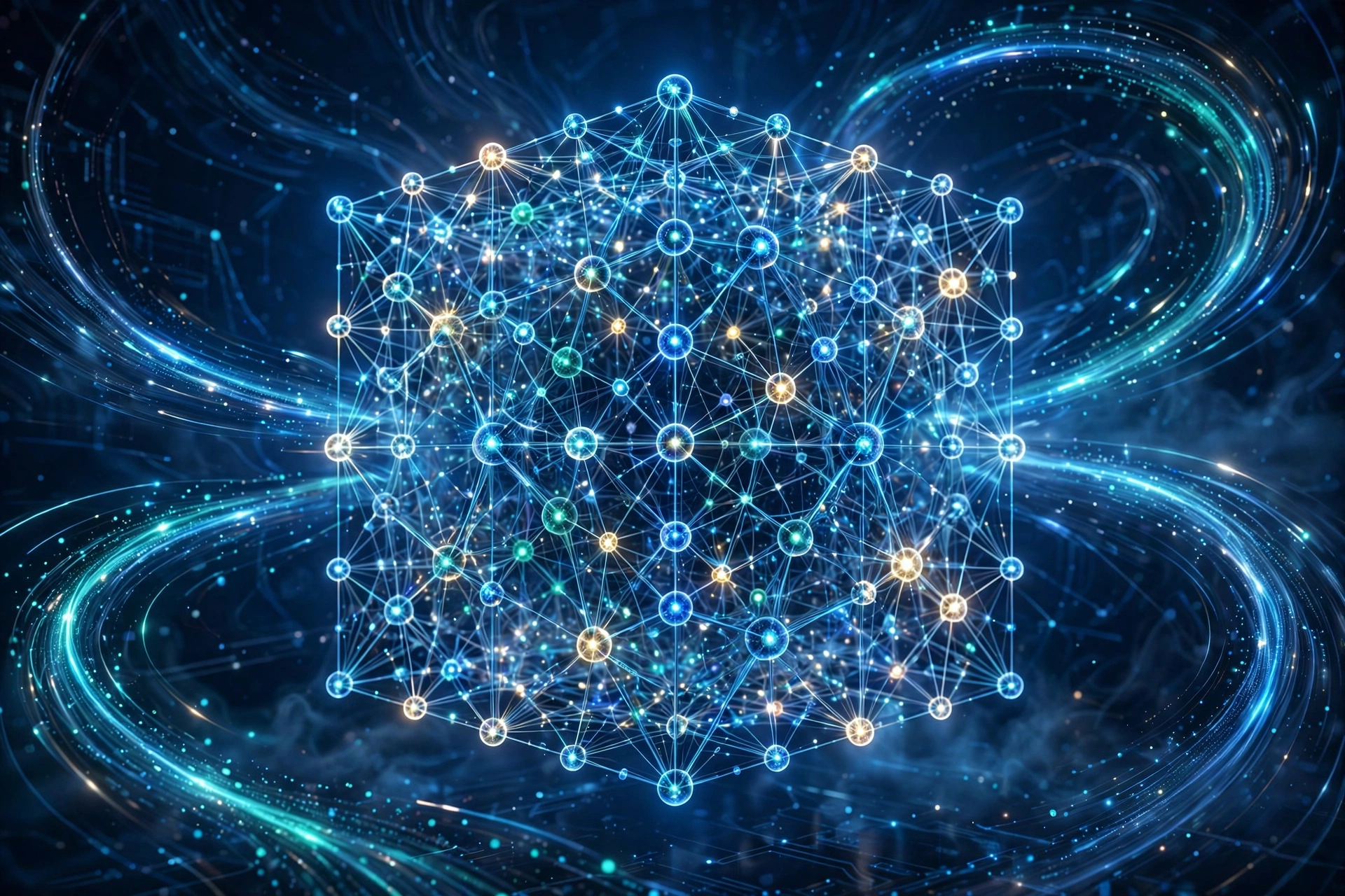 概念图：深蓝色科技风背景上，一座由发光神经网络节点构成的巨型芯片立方体，周围环绕数据流光带，象征超大规模基座模型，无文字