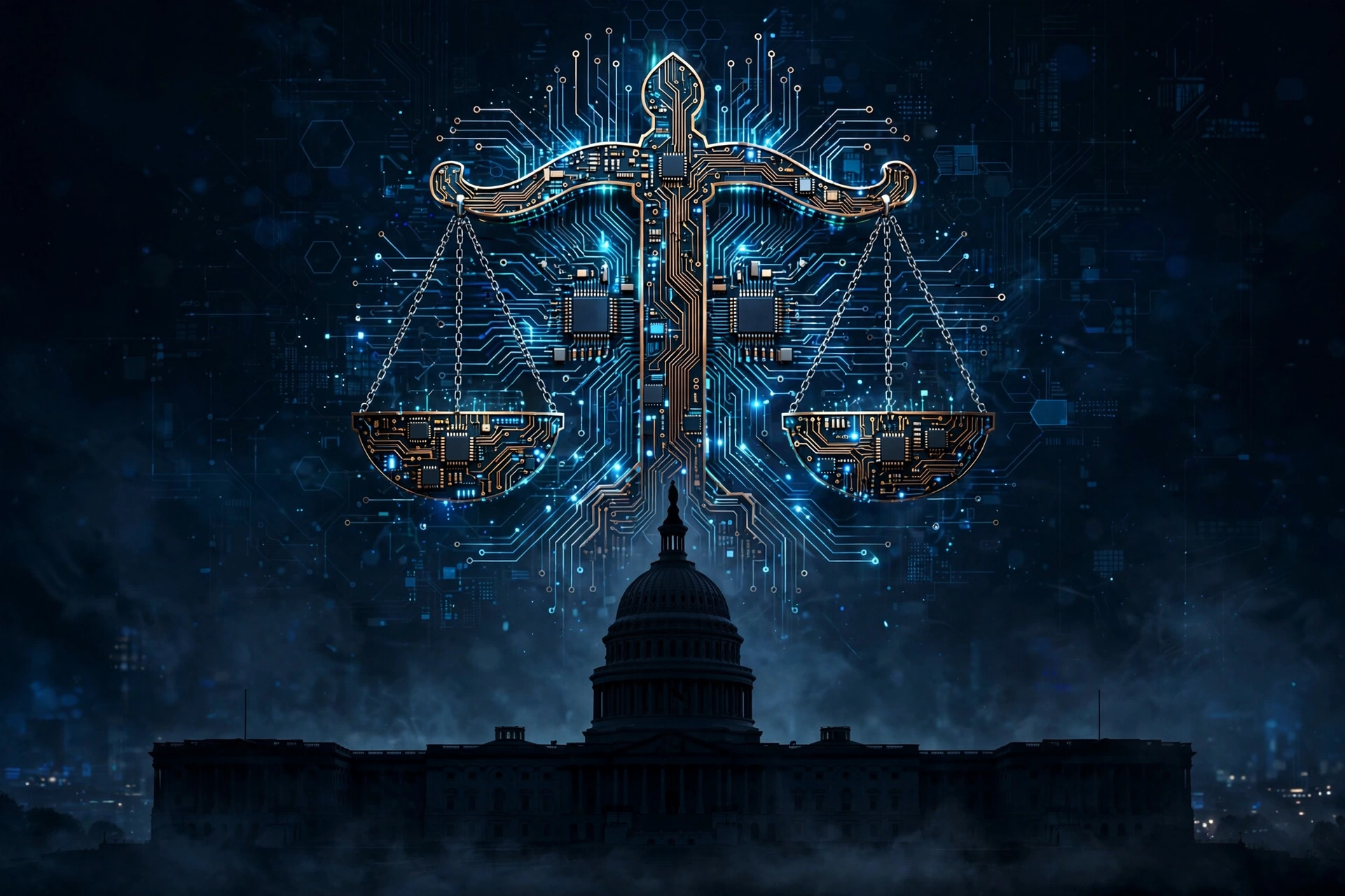 概念图：美国国会大厦剪影前悬浮着天平与电路板交织的徽章，象征 AI 立法，深蓝科技风，无文字