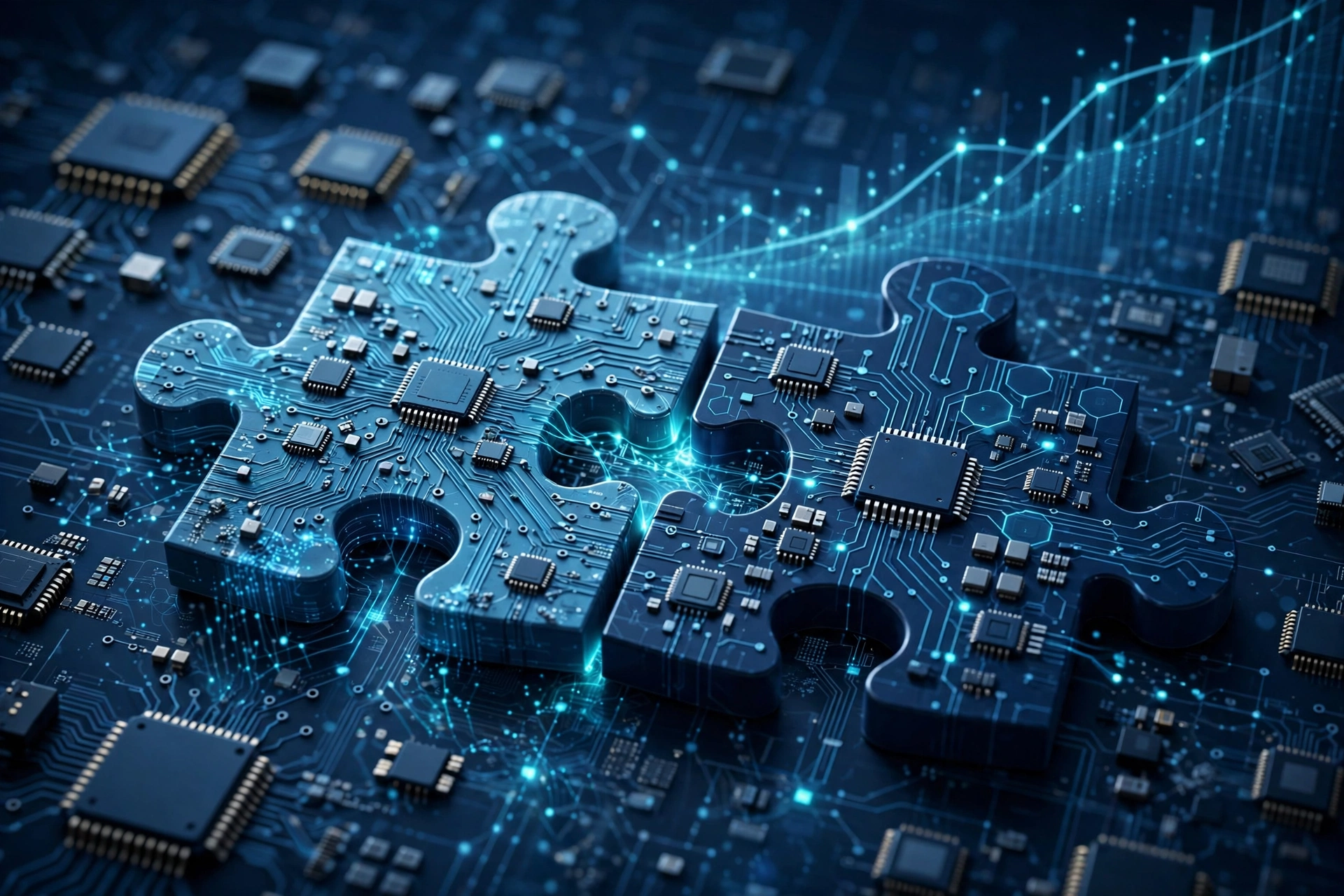 概念图：两家科技公司的拼图块拼接在一起，背景是上升的曲线与芯片，深蓝科技风，无文字