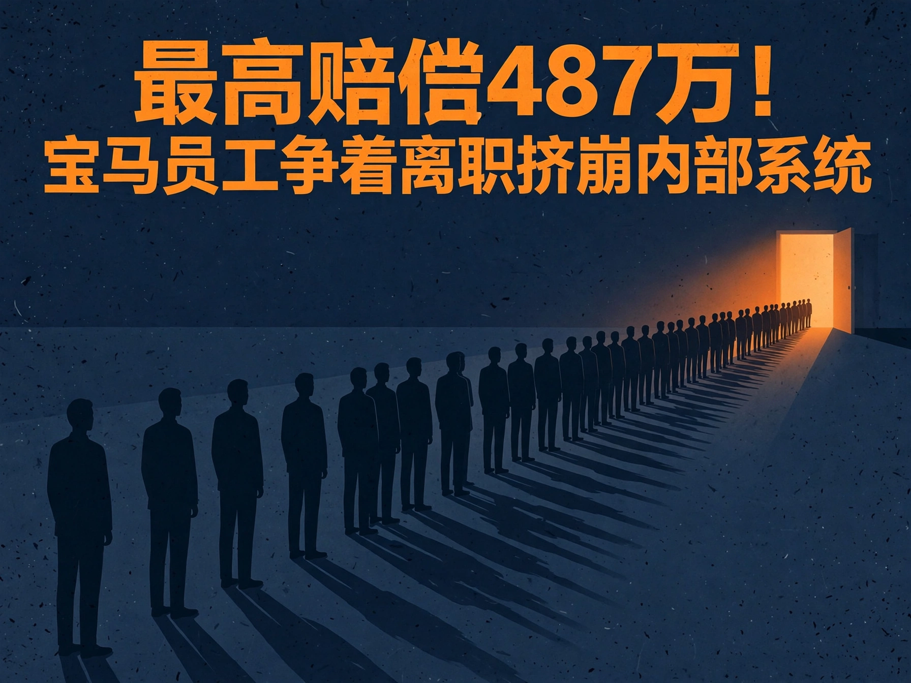 最高赔偿487万！宝马员工争着离职挤崩内部系统概念海报：一列极简人影长队通向透着橙光的门，象征员工排队申请离职