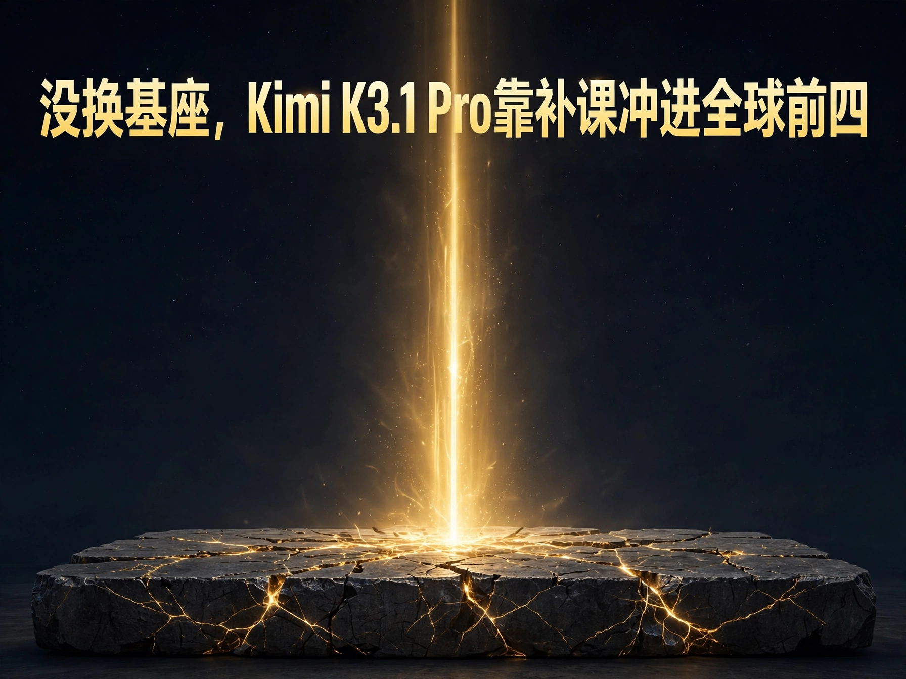 没换基座，Kimi K3.1 Pro靠补课冲进全球前四概念海报：古老石基座裂开金色纹路，一道金色光柱冲天而起，象征旧基座被重新点亮